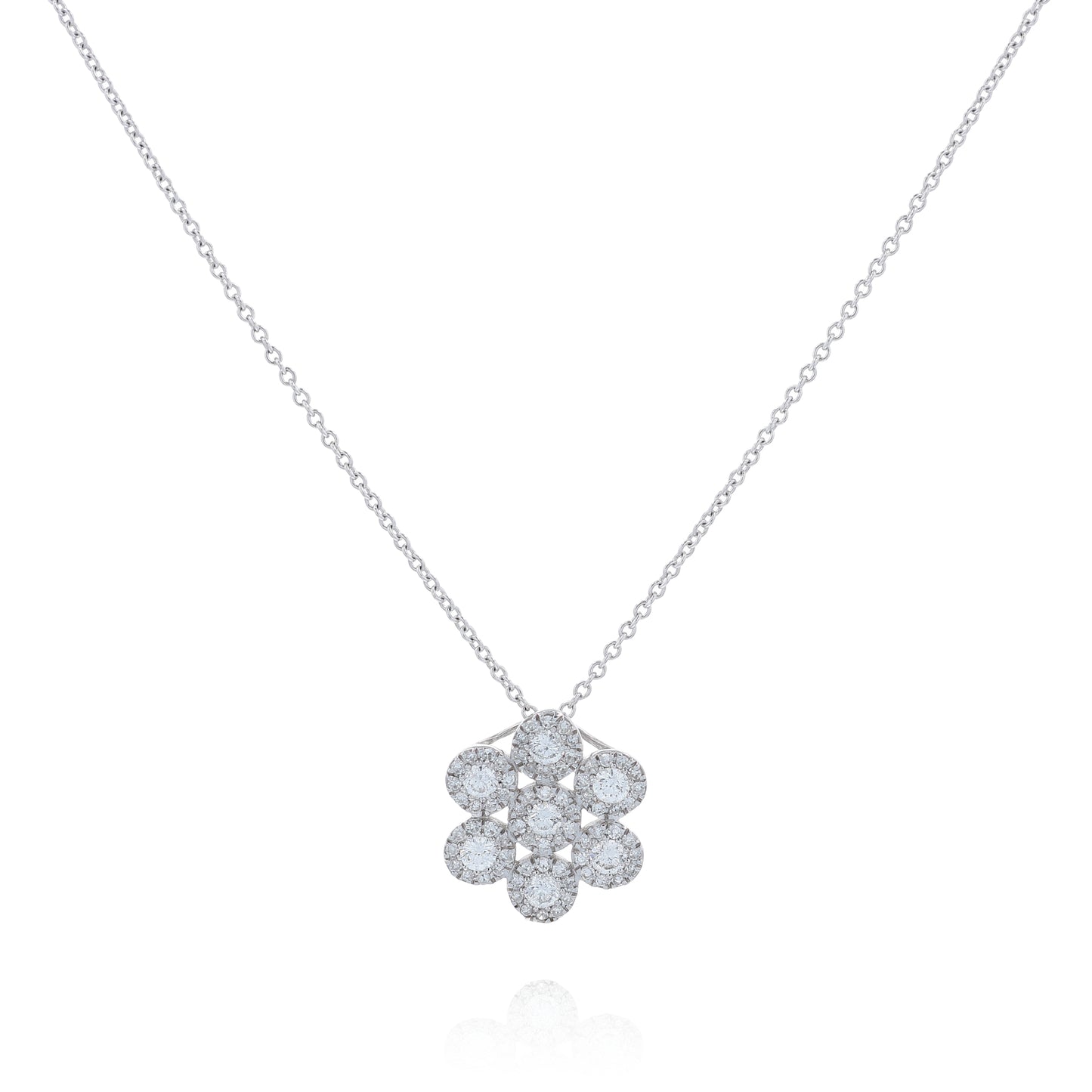 White gold diamond multi-cluster halo pendant necklace on a white background