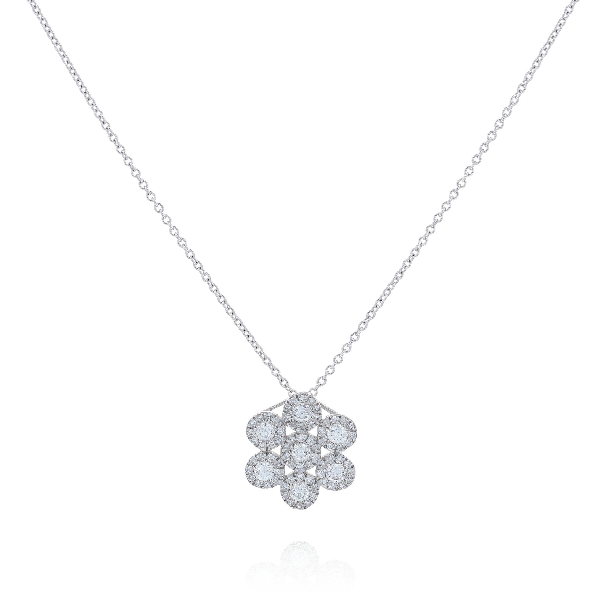 White gold diamond multi-cluster halo pendant necklace on a white background