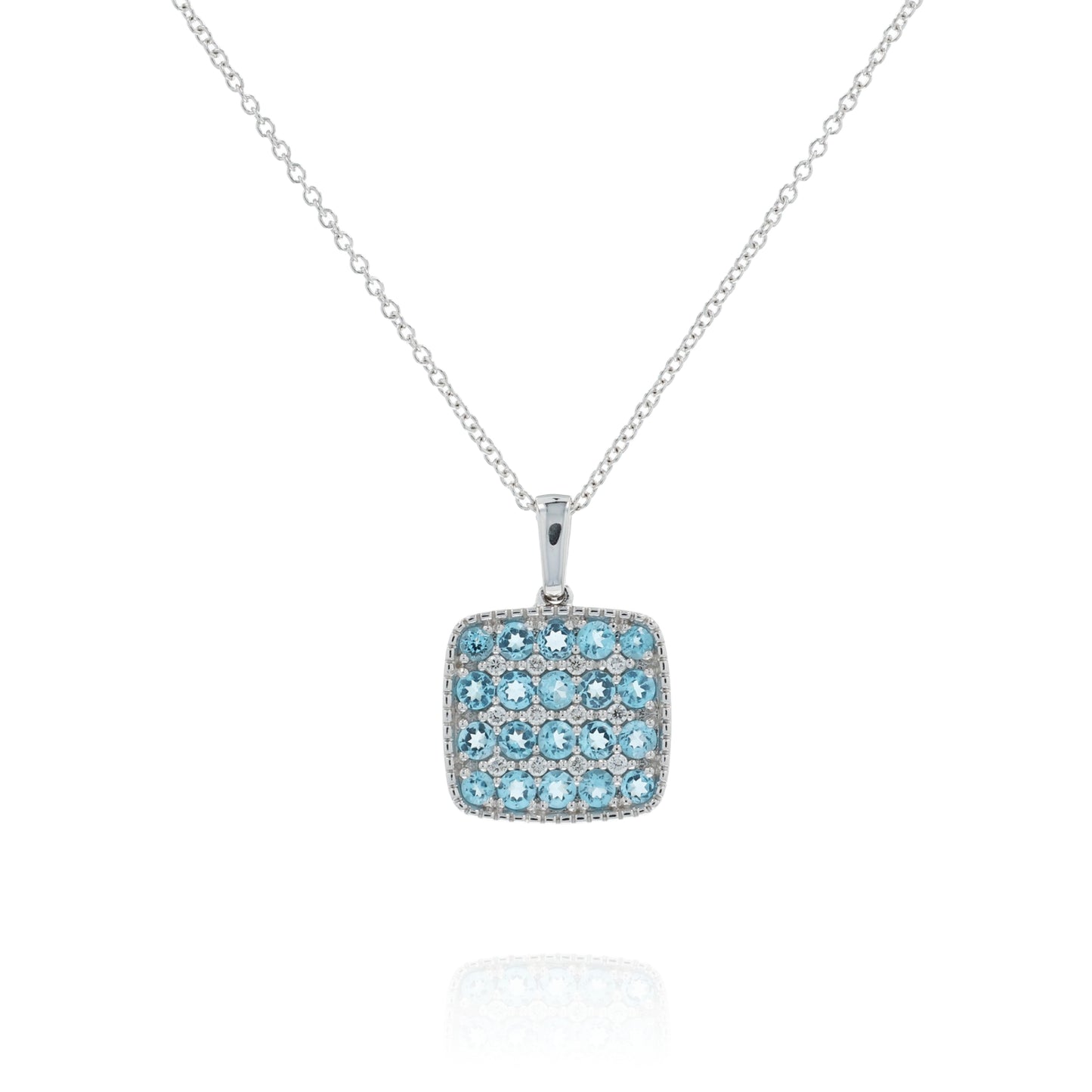 14k Gold Pave Blue Topaz and Diamond Cushion Pendant Necklace