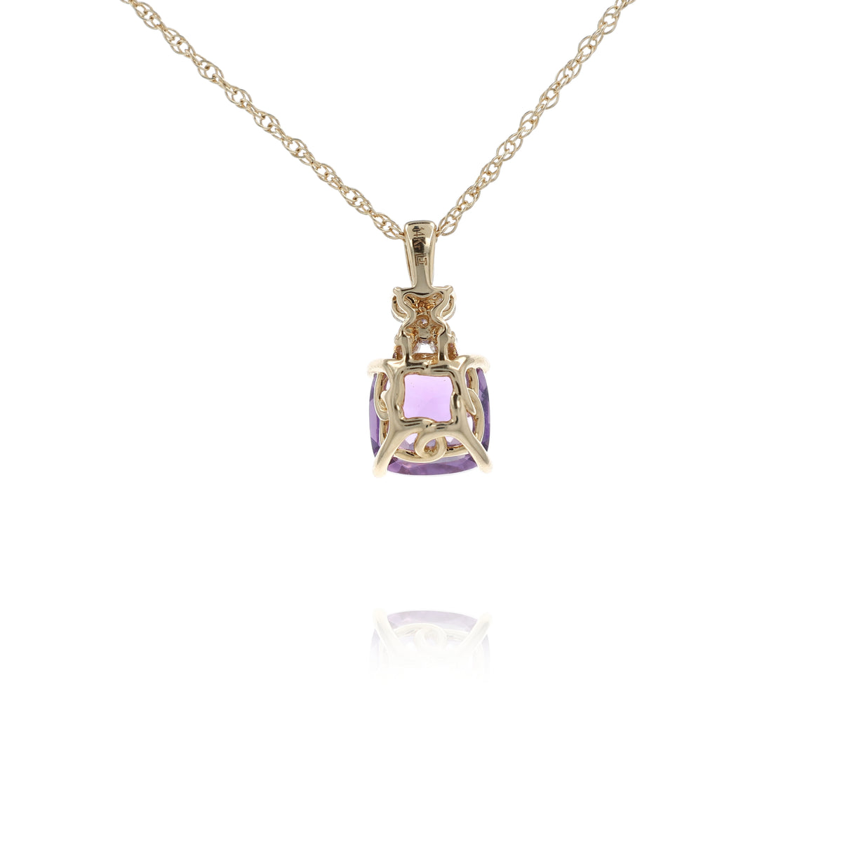 A gold necklace with a cushion-cut purple amethyst pendant and small clear accent stones, shown on a clean white background with a soft reflection.