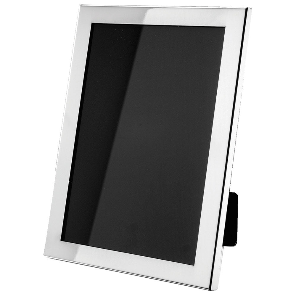 A right facing angled side photo of a silver 8x10 photo frame on a white background.