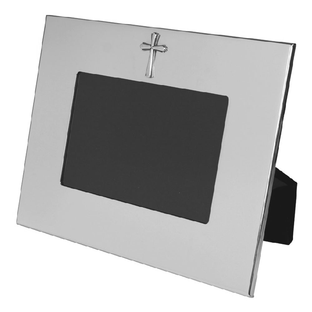 Horizontal silver photo frame with a cross on a white background.