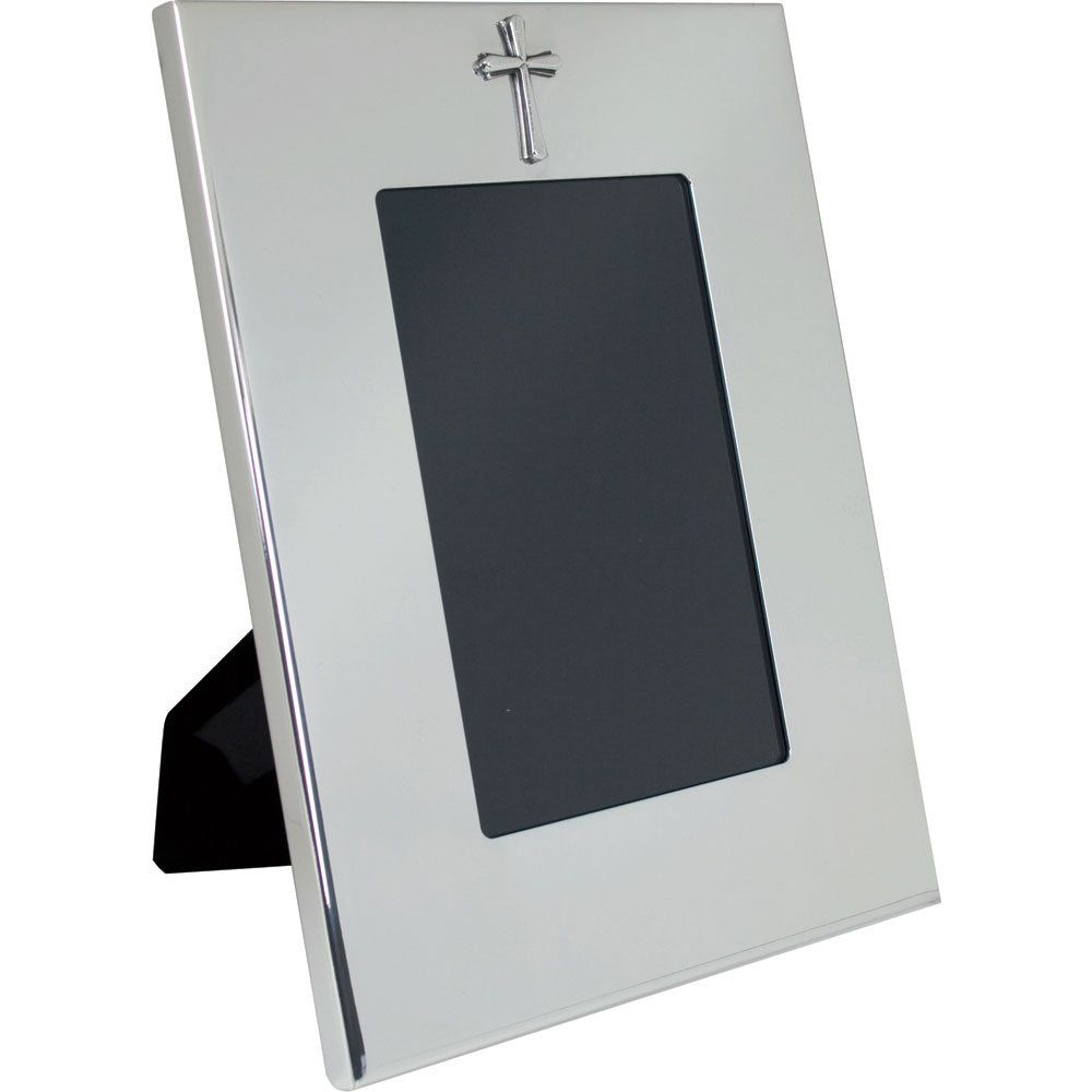 Vertical silver photo frame with a cross on a white background.