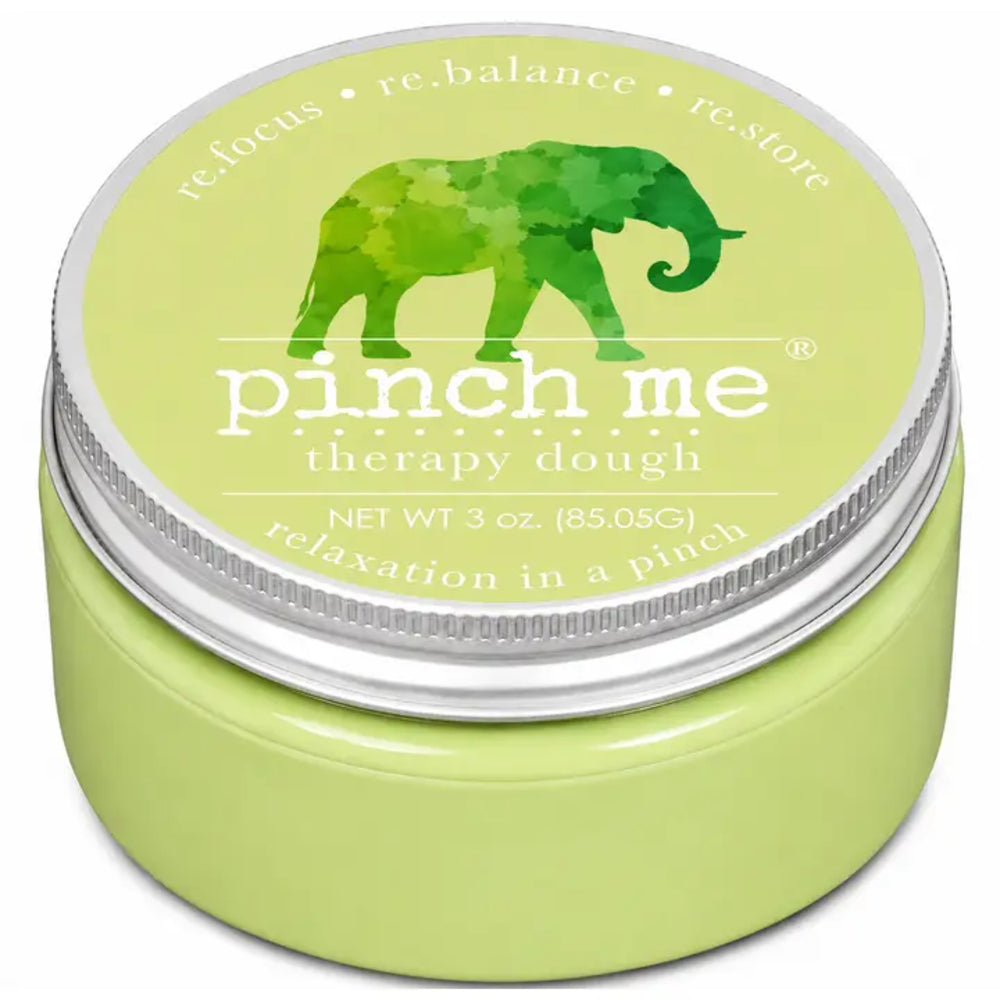 Pinch Me Therapy Dough in the flavor Elephant in a green jar with a silver toned metal lid against a white background.