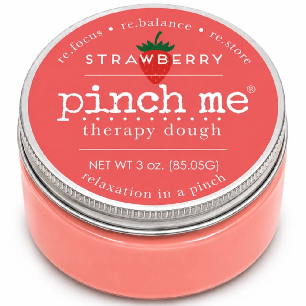 A round tin of Pinch Me Therapy Dough in the Strawberry flavor, featuring a coral pink container and lid with a silver metal rim.