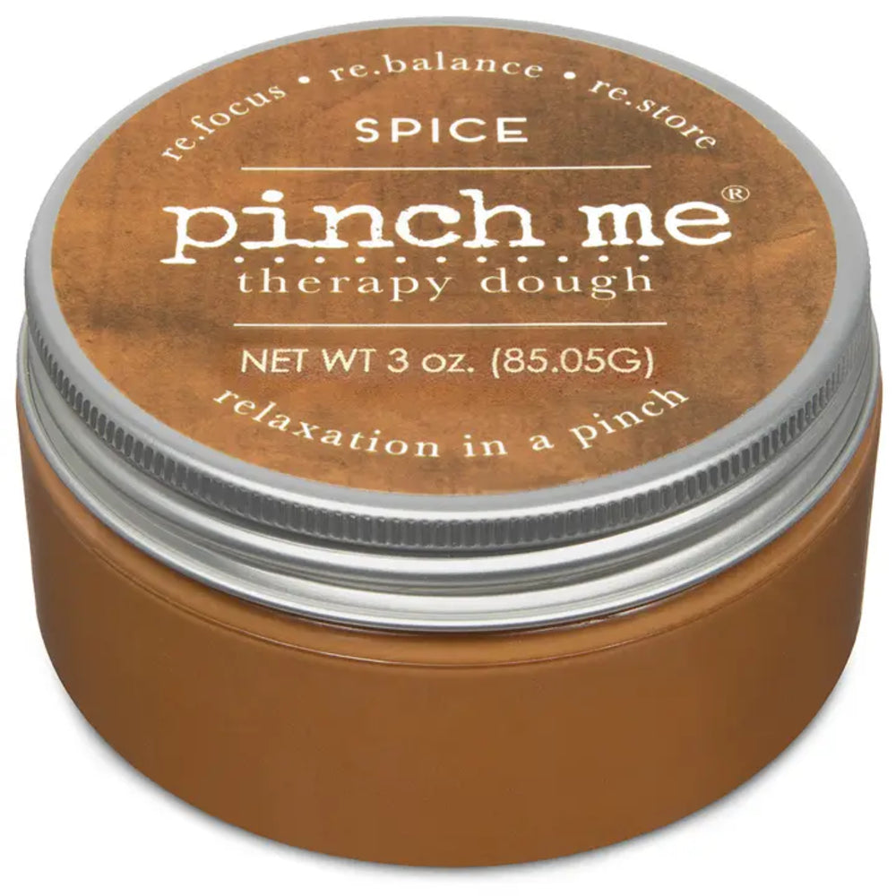 Pinch Me Therapy Dough in flavor Spice in a brown plastic jar with a silver toned metal lid on a white background.