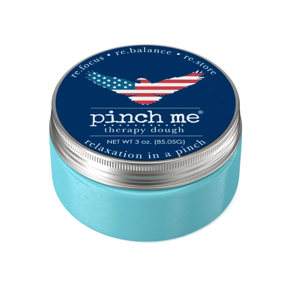 Blue USA Pinch me therapy dough jar with a blue label with an american flag eagle silhouette on a white backround. 