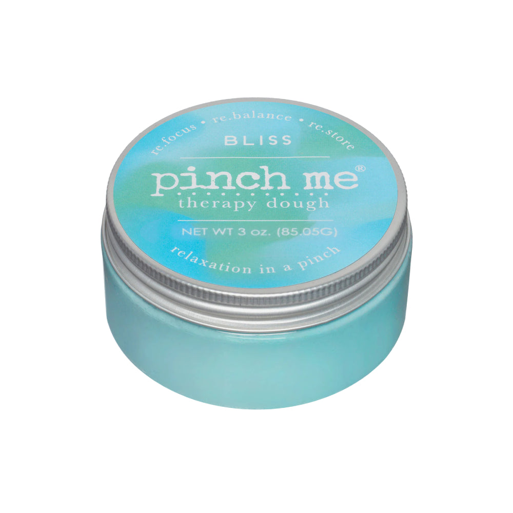 A blue Jar of Bliss 'pinch me' therapy dough with blue lid on a white background.