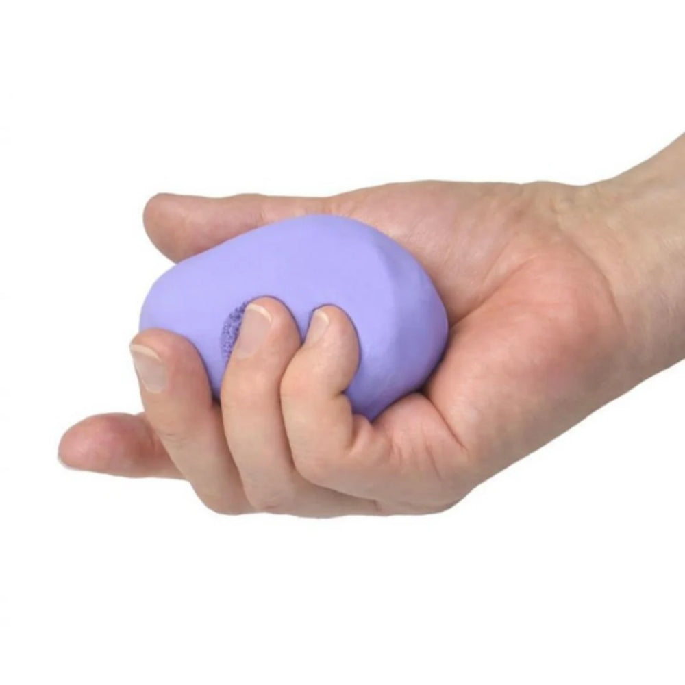 Hand holding purple therapy dough against a white background.