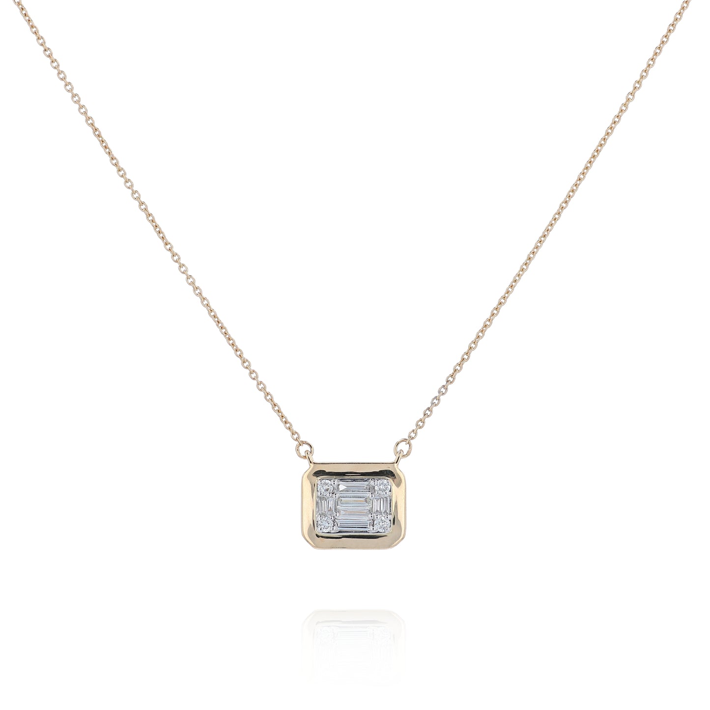 Yellow gold mixed cut diamond cushion pendant necklace on a white background