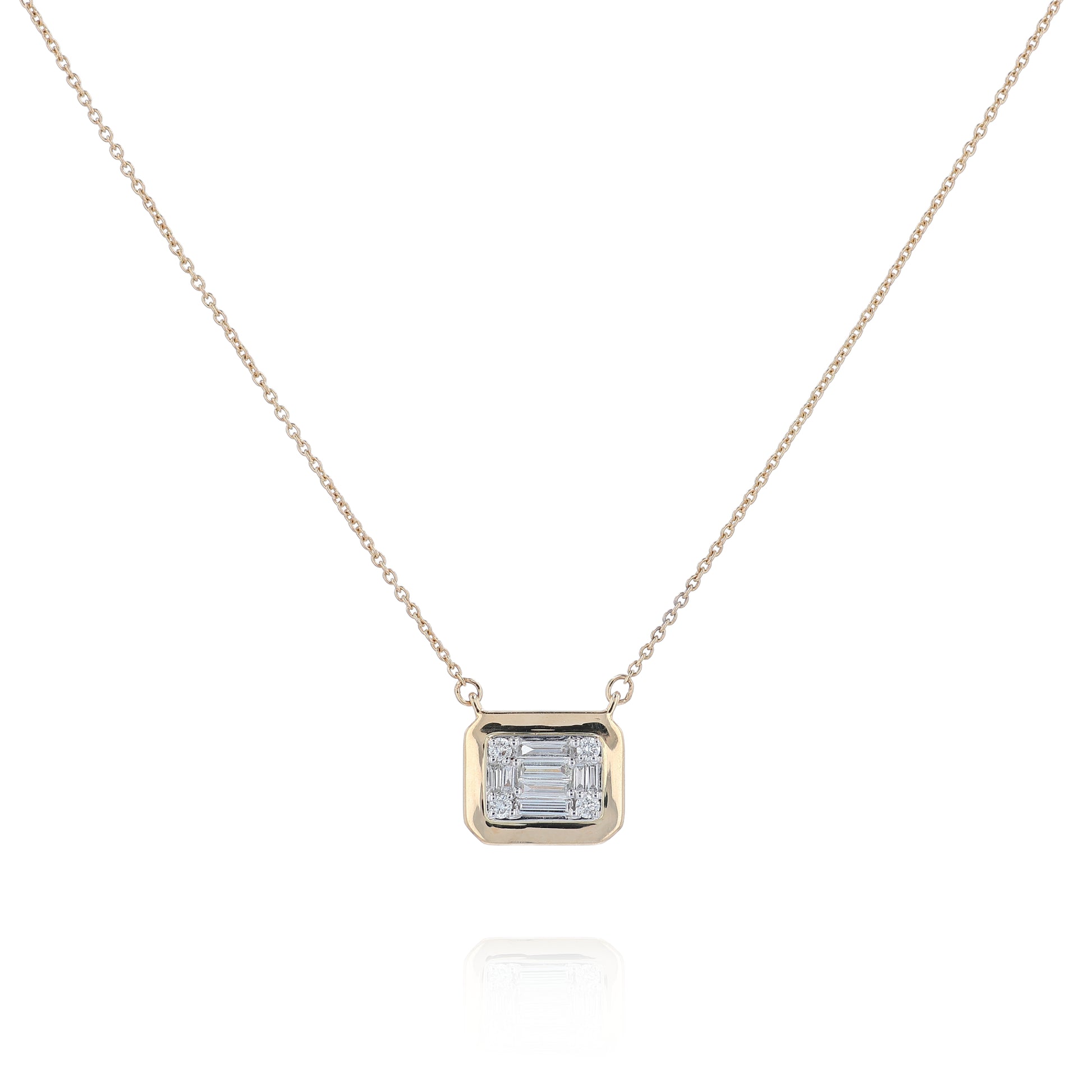 Yellow gold mixed cut diamond cushion pendant necklace on a white background