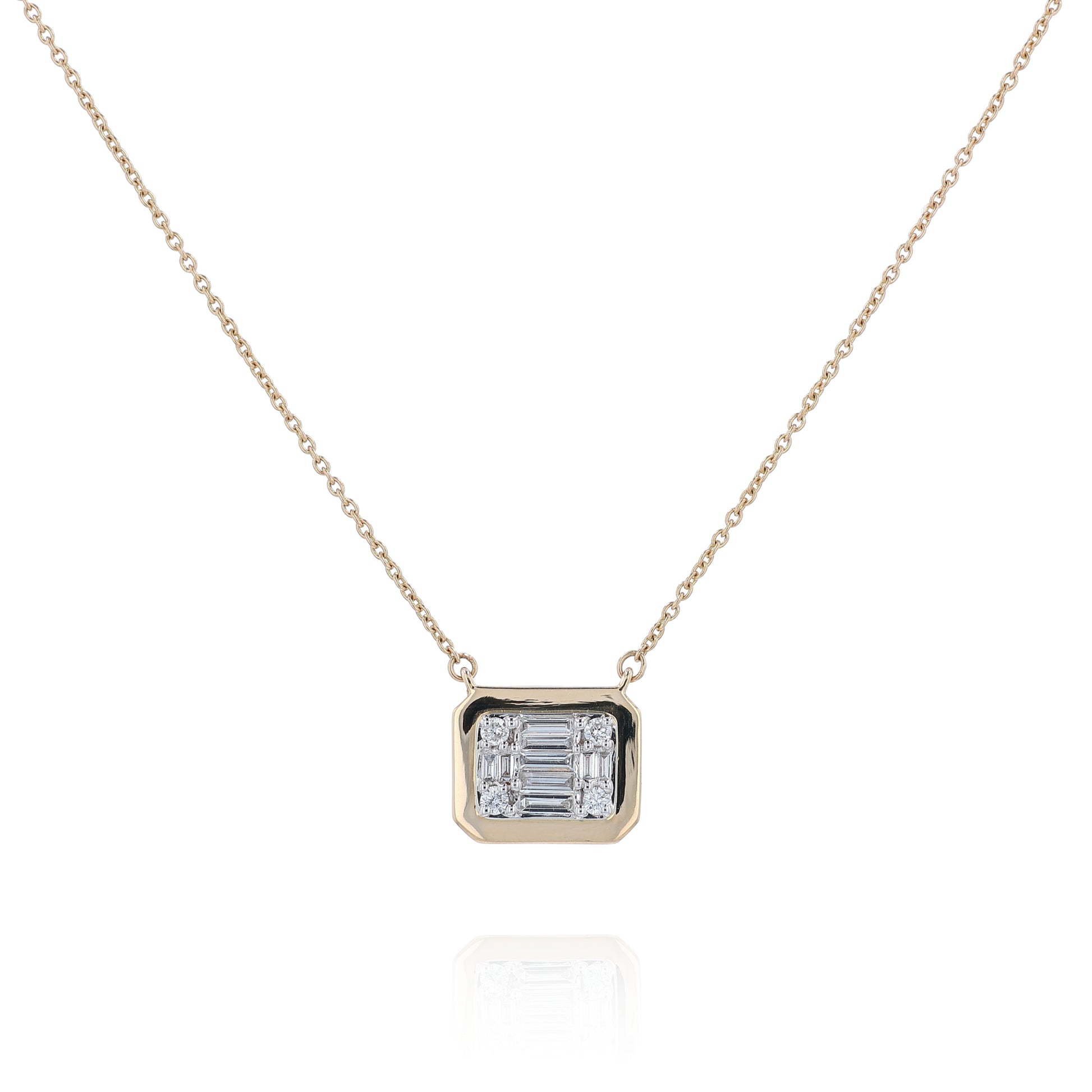 Yellow gold mixed cut diamond cushion pendant necklace on a white background
