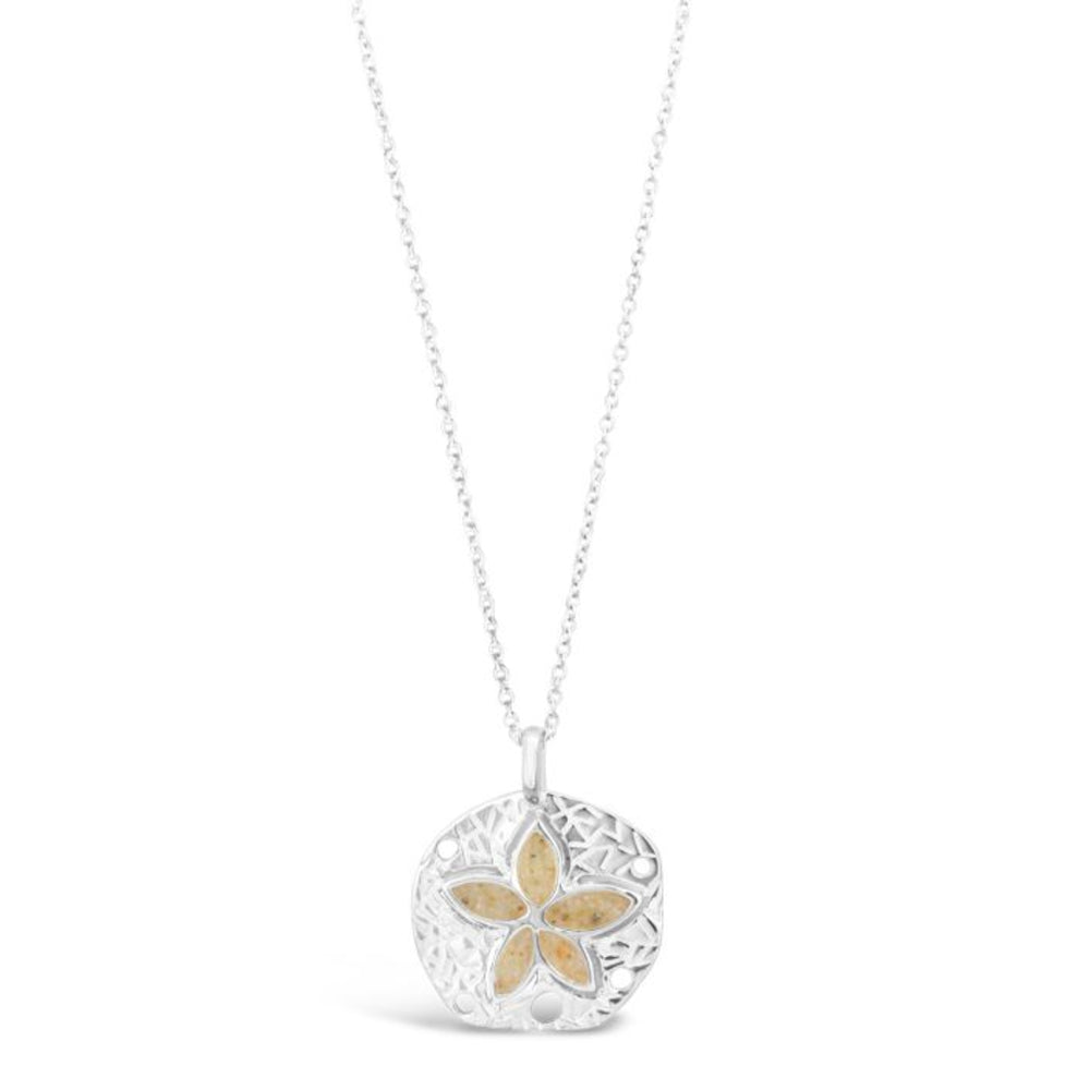Silver necklace with a sand dollar pendant on a white background