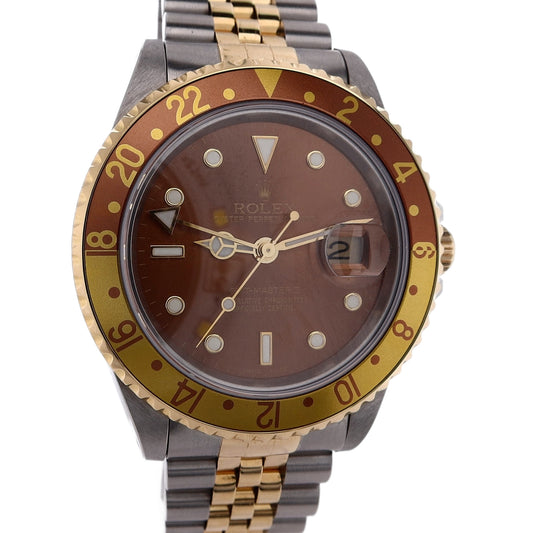 Estate Rolex Stainless Steel and 18 Karat Yellow Gold Gents OP Date GMT Master II Rootbeer Brown Dial 16713 C.1990