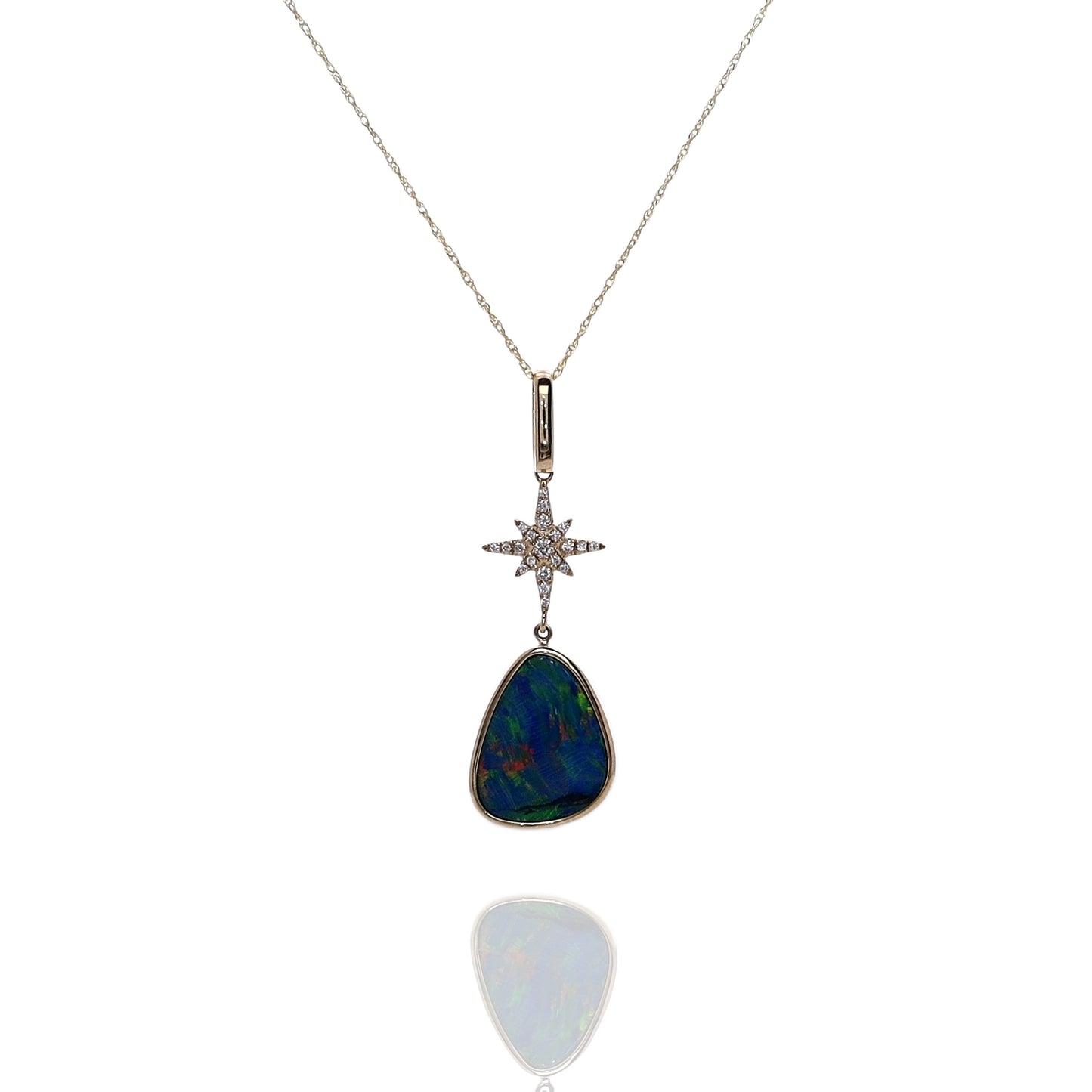 14k Gold Australian Opal and Diamond Star Pendant Necklace