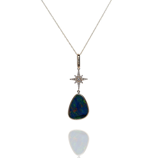 14k Gold Australian Opal and Diamond Star Pendant Necklace