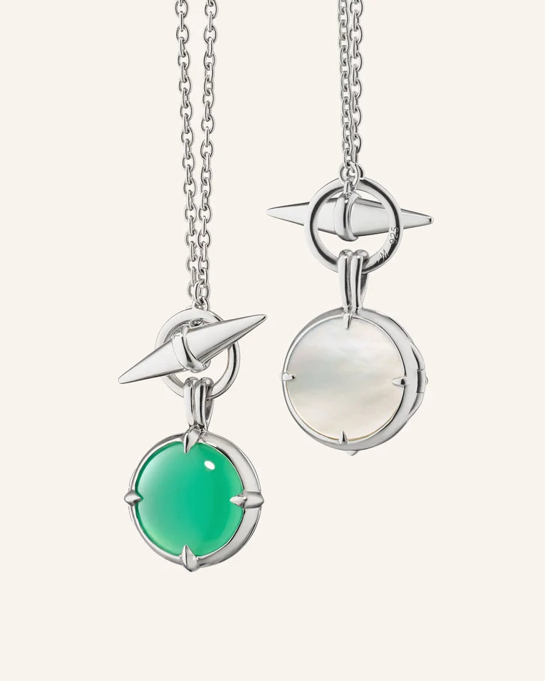 MRK Sterling Silver "Points North" Green Agate Petite Locket Necklace