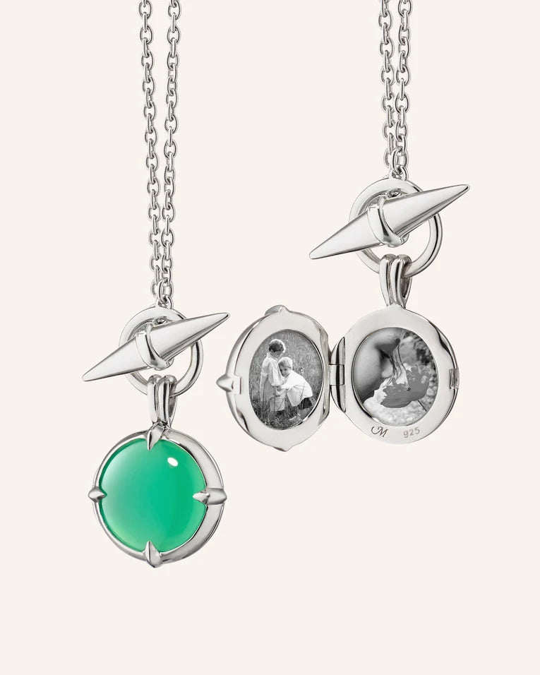 MRK Sterling Silver "Points North" Green Agate Petite Locket Necklace