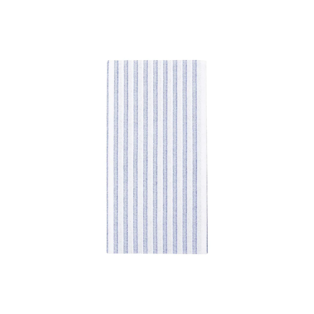 A rectangular white napkin  featuring vertical blue stripes, shown against a plain white background.
