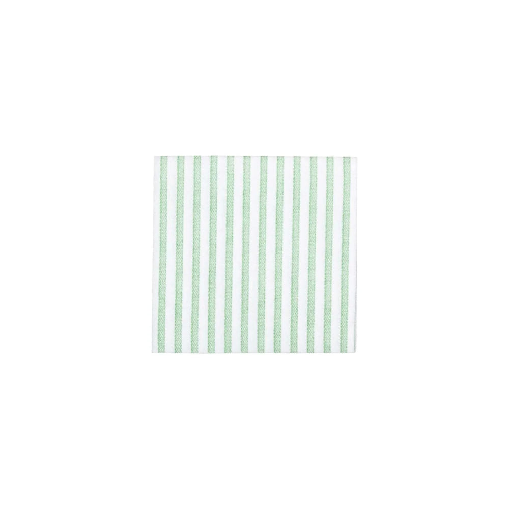 A square white napkin with vertical light green stripes, centered on a plain white background.