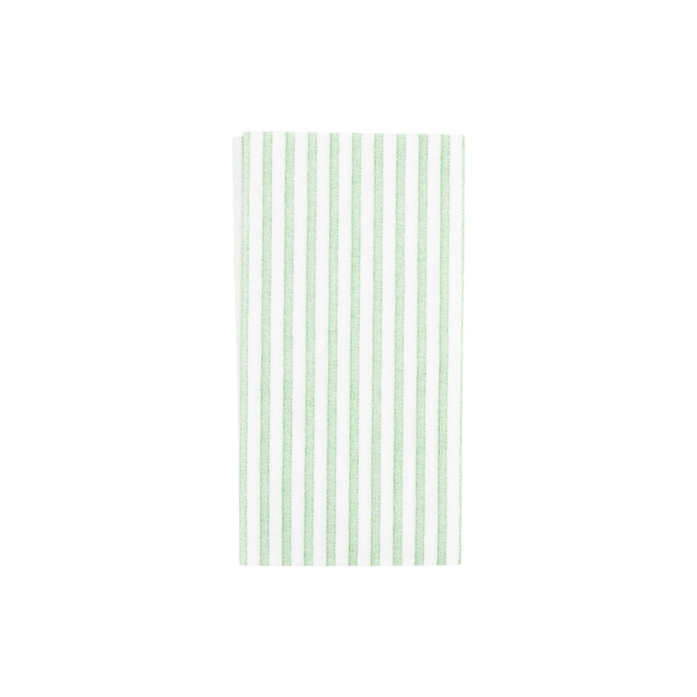 Green and white vertical striped paper guest towel on a white background.