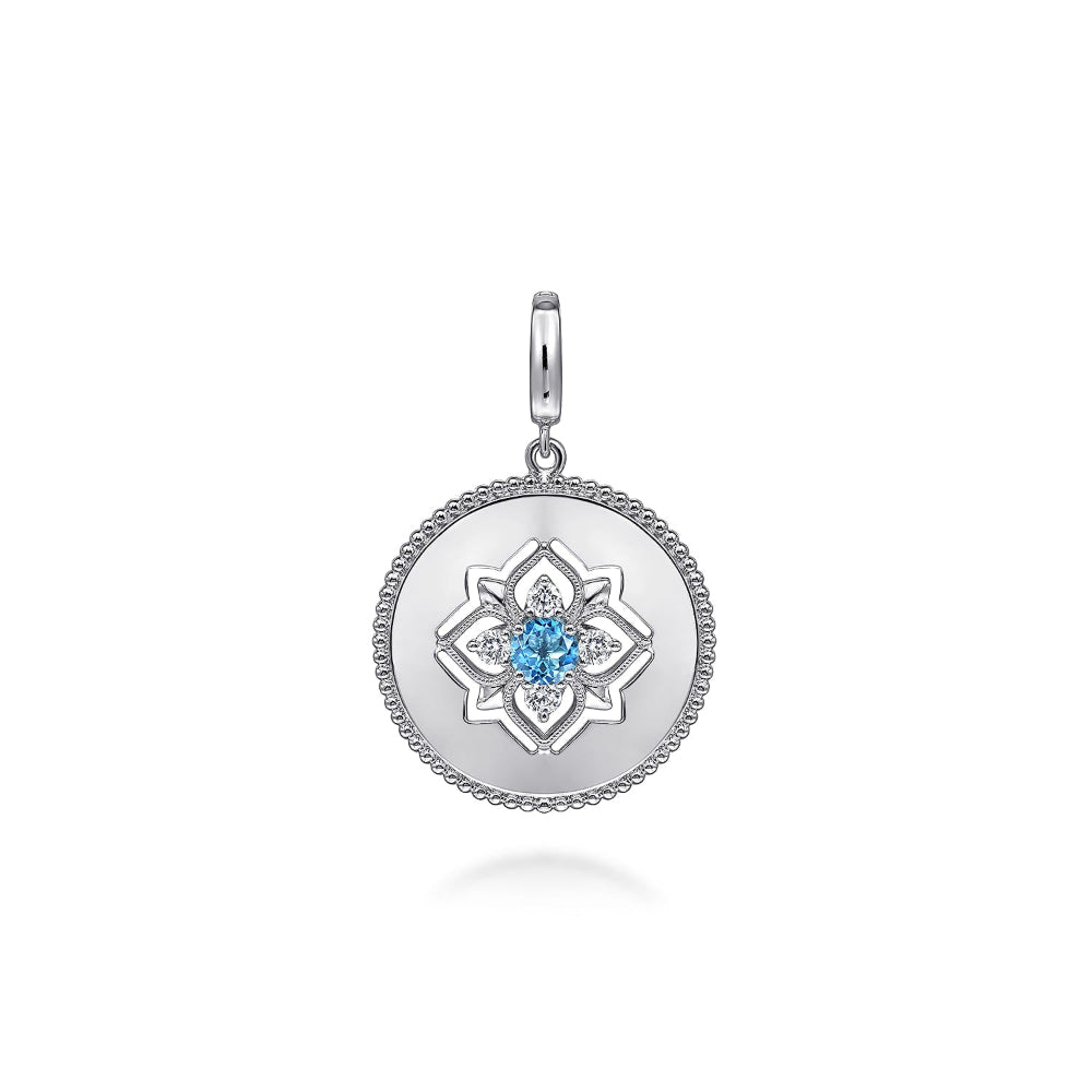 24mm Silver Medallion Pendant with Blue Topaz and White Sapphires 