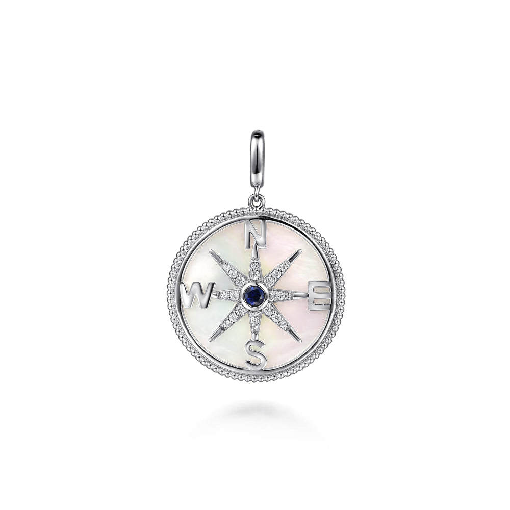Mother of Pearl & White Sapphire Compass Medallion Pendant 