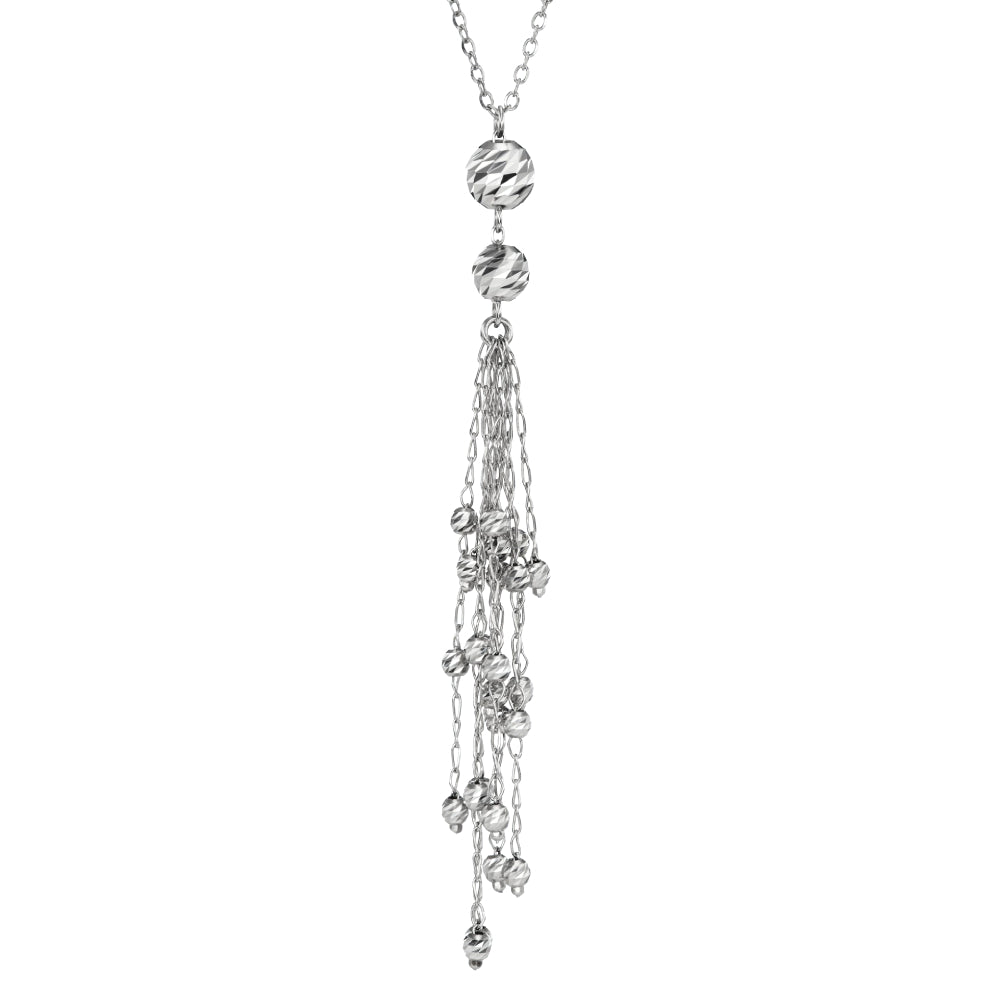 Platinum pendant necklace with a multi-strand cluster dangle on a white background