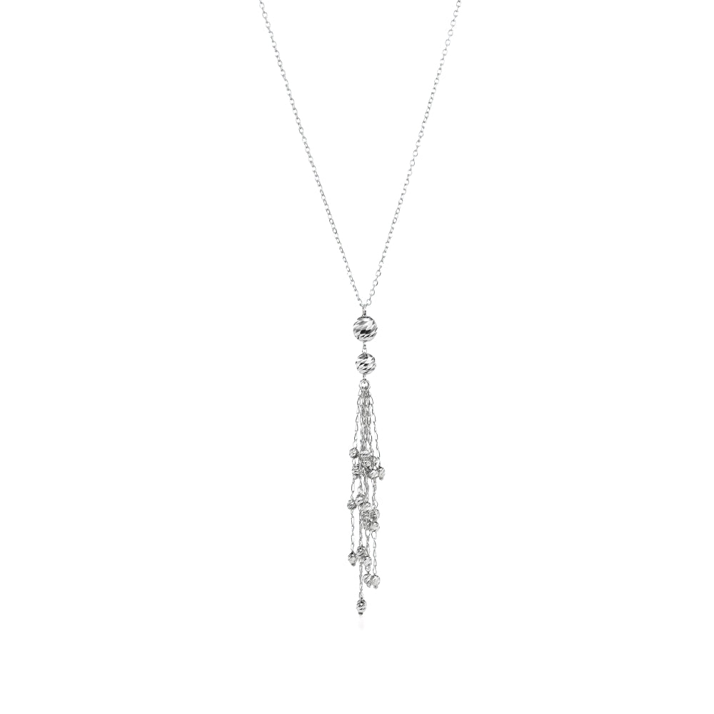 Platinum pendant necklace with a multi-strand cluster dangle on a white background