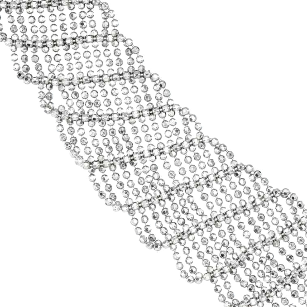 Platinum beaded mesh necklace on a white background