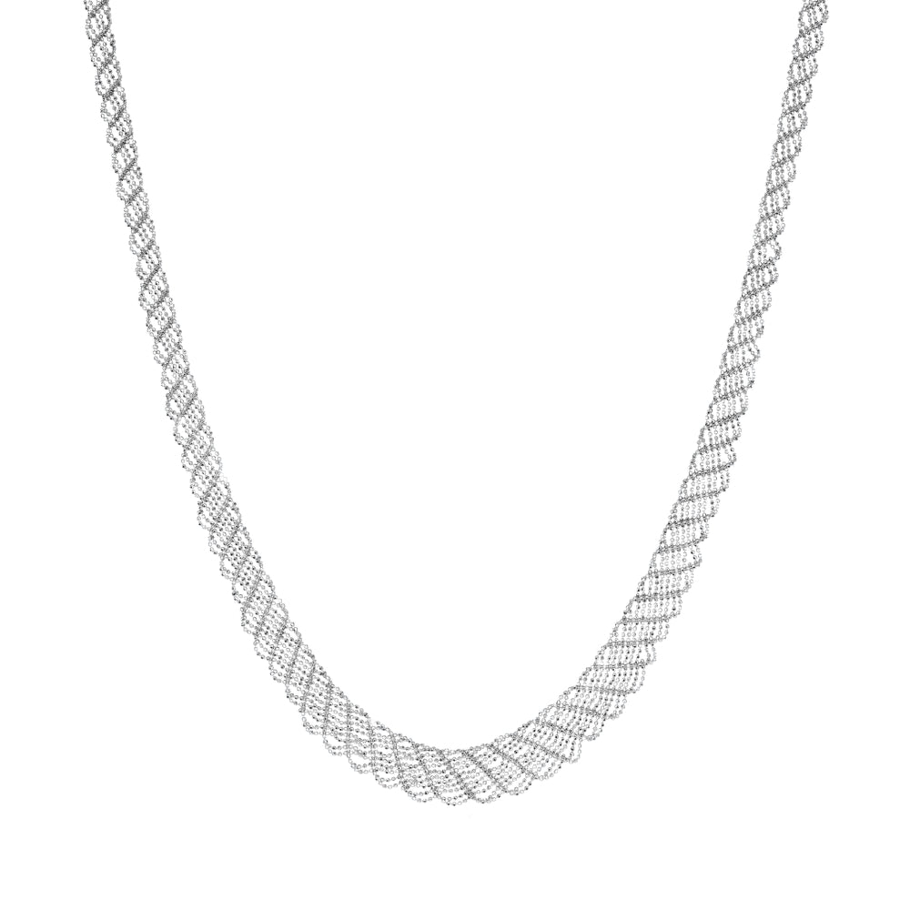 Platinum beaded mesh necklace on a white background