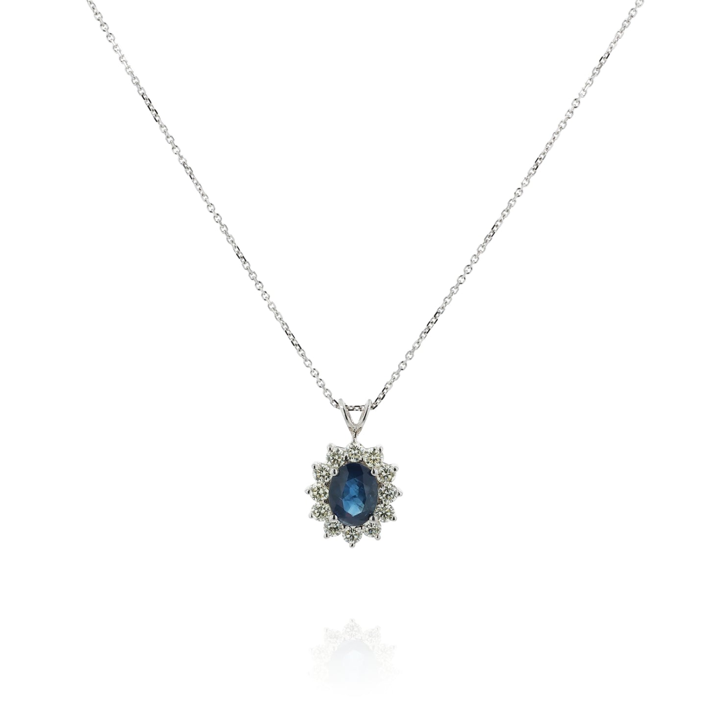 14k White Gold 16" Oval Sapphire and Diamond Halo Pendant Necklace