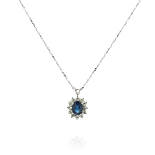 14k White Gold 16" Oval Sapphire and Diamond Halo Pendant Necklace