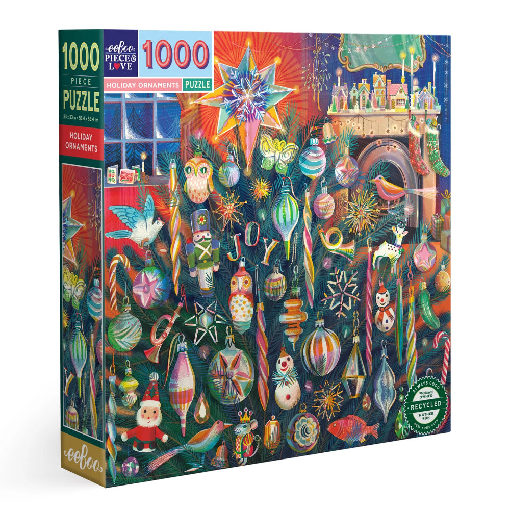 Jigsaw puzzle box with colorful holiday ornaments design on a white background