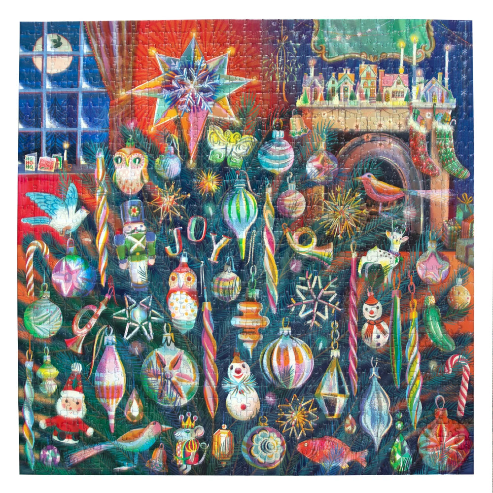Colorful Christmas ornament puzzle with various festive items on a dark background