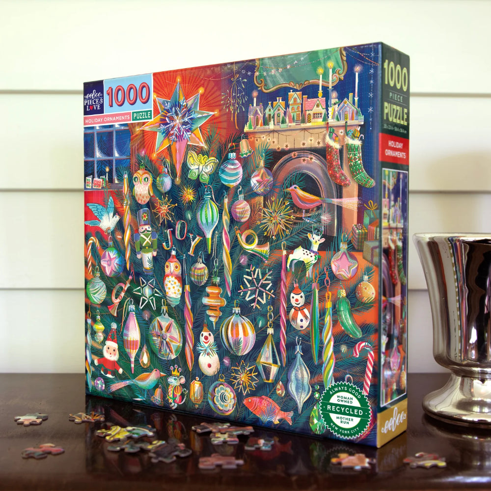 Colorful puzzle box with festive designs on a wooden surface