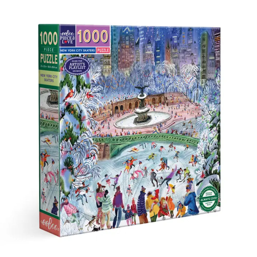 A 1000-piece jigsaw puzzle box featuring a colorful winter city scene with people ice skating around a fountain, shown on a clean white background.