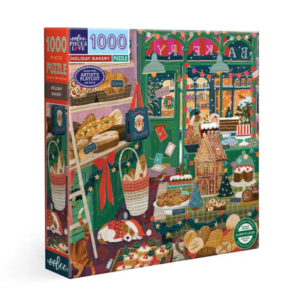 A 1000-piece jigsaw puzzle box titled 'Holiday Bakery' by Cerulea, featuring a colorful, festive illustration of a bakery interior with gingerbread houses, pastries, and holiday decorations.