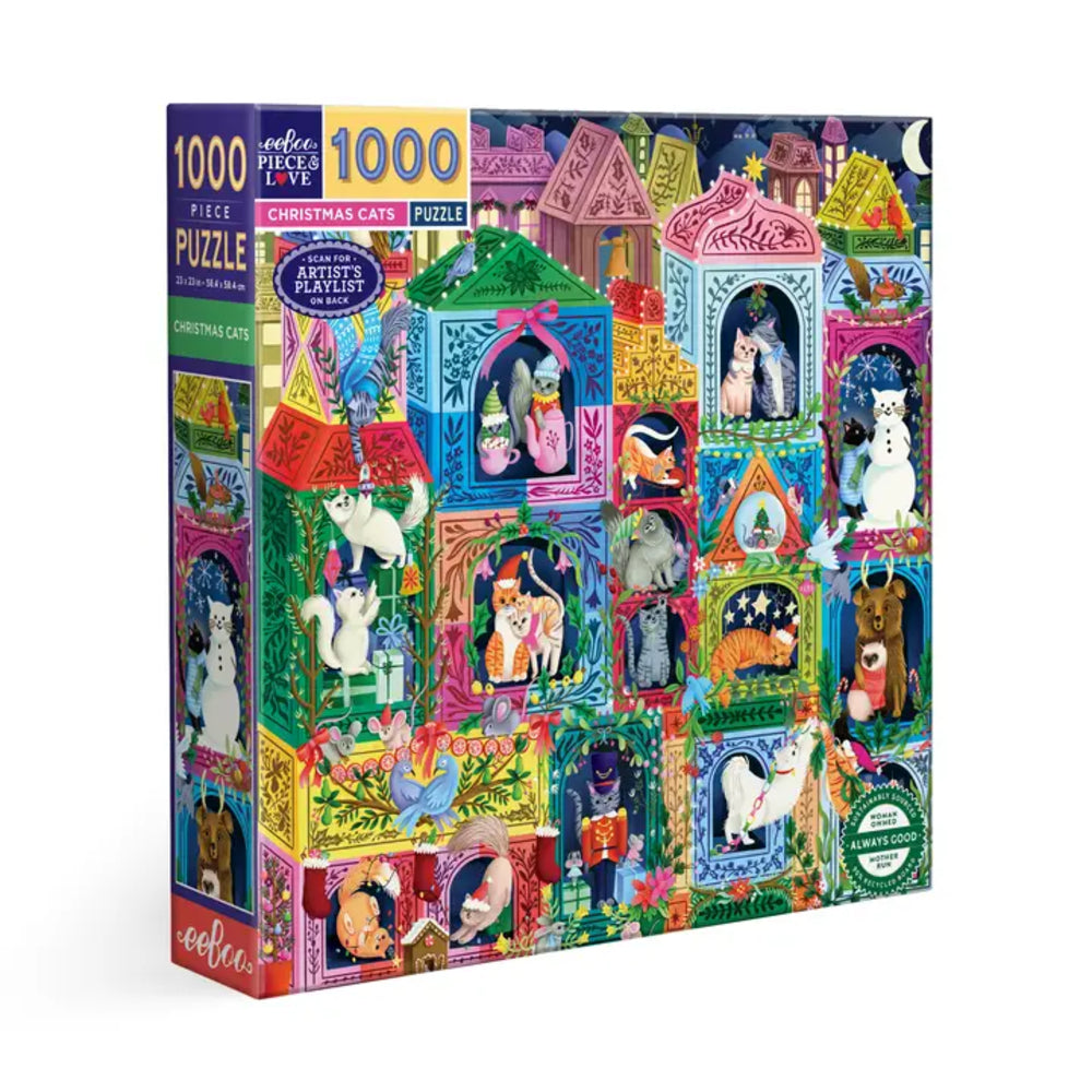 Jigsaw puzzle box with colorful design of houses and animals on a white background