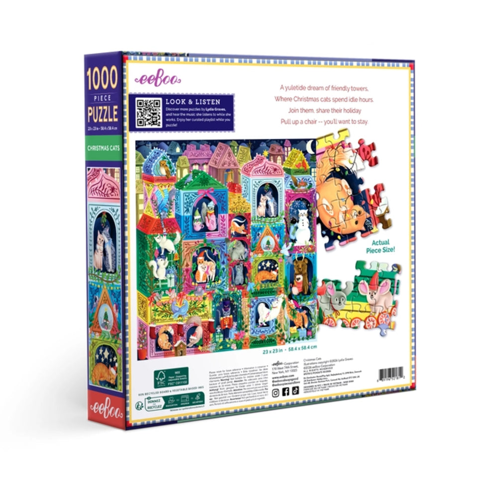 Puzzle box with colorful illustrations of characters and a train, featuring the eeBoo brand.