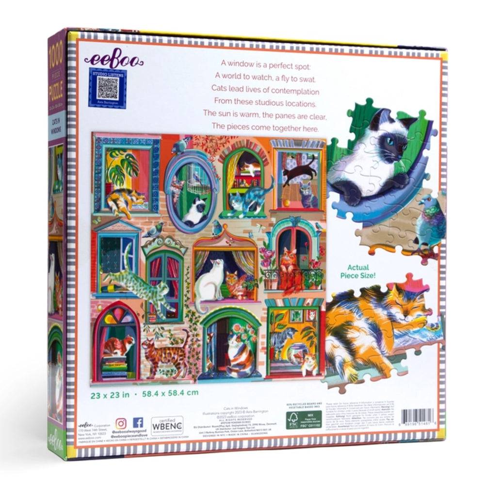Puzzle box with cat-themed artwork and eeBoo branding
