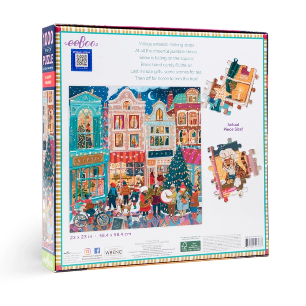 A 1000-piece jigsaw puzzle box by Wbenc, featuring a colorful illustration of a festive village street with shops, people, and a Christmas tree. The back of the box shows the product title, piece count, dimensions, and example close-up images of puzzle pieces.