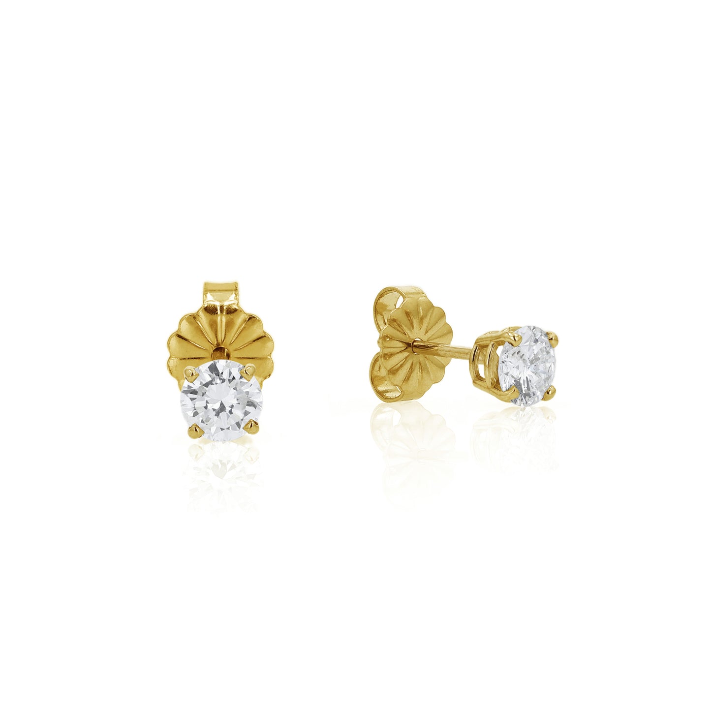 Yellow gold 4 prong diamond stud earrings on a white background