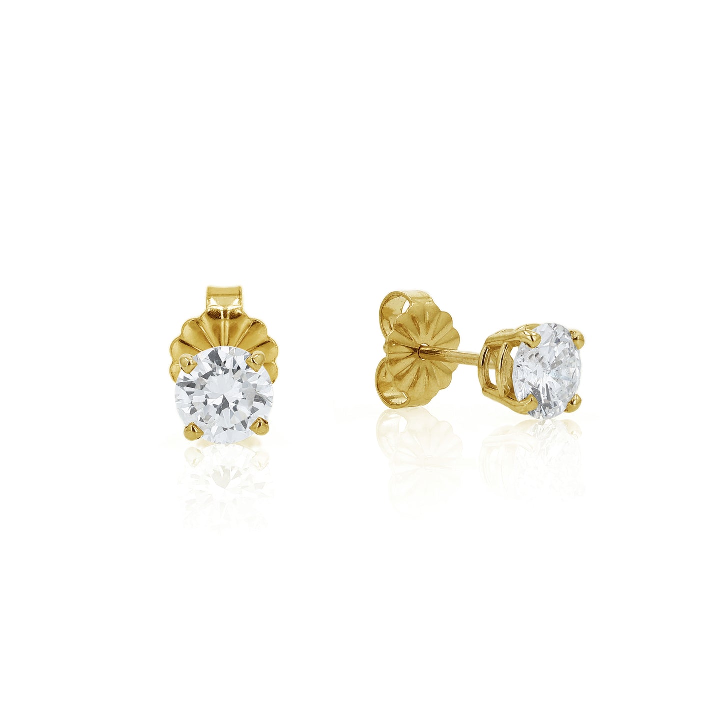 Yellow gold 4 prong diamond stud earrings on a white background