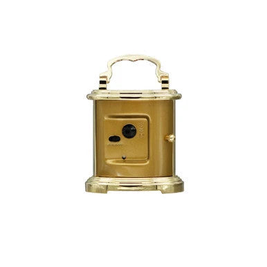 A small brass lantern-style box with a top handle, front latch, and side button, shown on a plain white background.