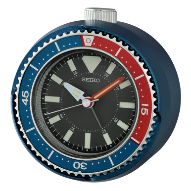 A Seiko wristwatch with a dark blue case, a blue and red rotating bezel, and a black dial with silver and red hands.