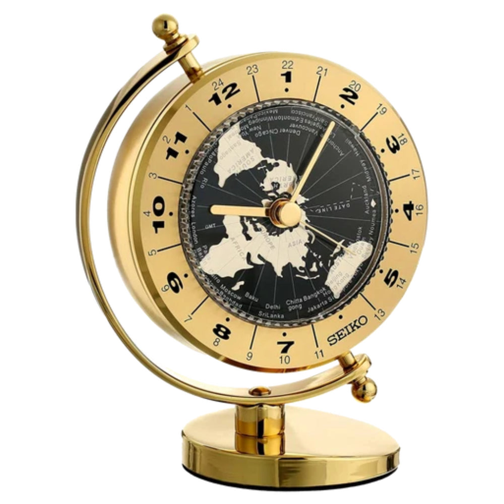 A gold-finished Seiko globe clock with a detailed world map dial and black numerals, set against a plain white background.