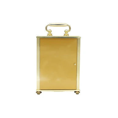 A small rectangular gold-toned cabinet or box with a hinged door, top handle, and small feet, shown against a plain white background.