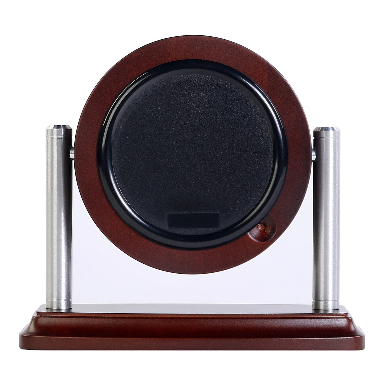 A luxury watch winder featuring a polished reddish-brown wood frame and base, supported by two vertical silver metal pillars, with a black textured center dial.