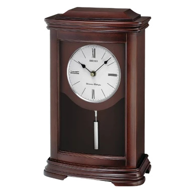 A Seiko wooden mantel clock with a dark brown wood finish, featuring a white clock face with black Roman numerals and a silver pendulum.
